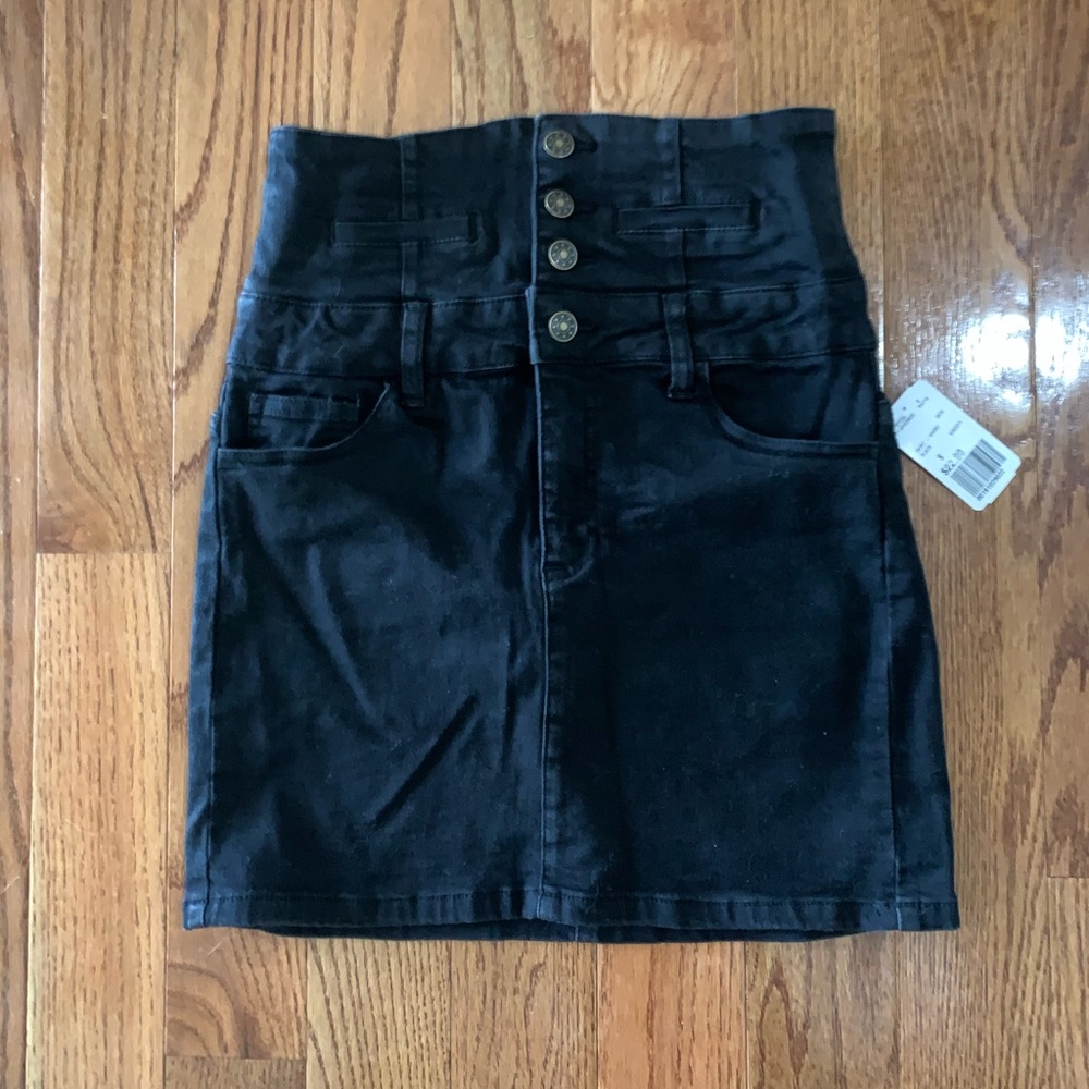 High waisted black denim skirt